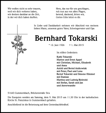 Anzeige von Bernhard Tokarski von Kölner Stadt-Anzeiger / Kölnische Rundschau / Express