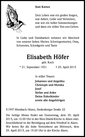Anzeige von Elisabeth Höfer von Kölner Stadt-Anzeiger / Kölnische Rundschau / Express