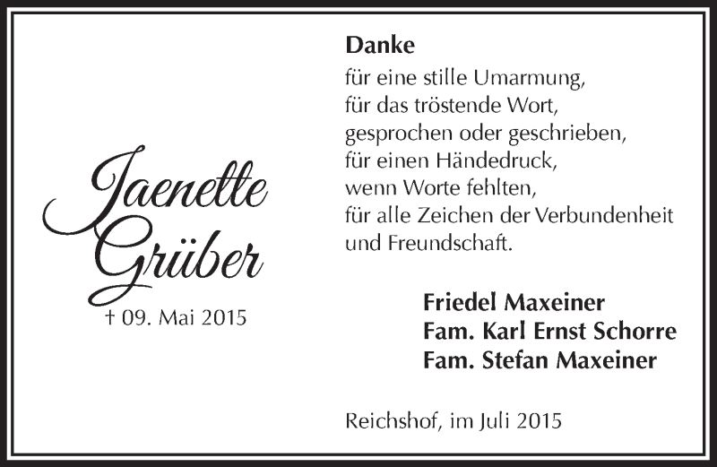  Traueranzeige für Jaenette Grüber vom 01.07.2015 aus  Anzeigen Echo  Lokalanzeiger 