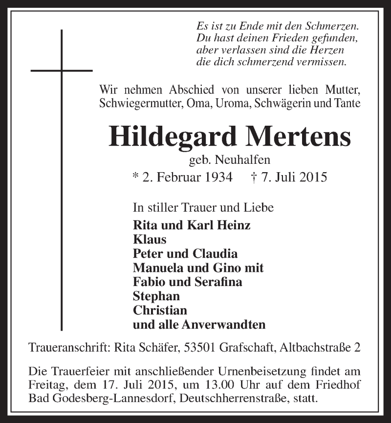  Traueranzeige für Hildegard Mertens vom 15.07.2015 aus  Schaufenster/Blickpunkt 