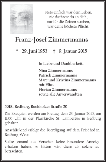 Anzeige von Franz-Josef Zimmermanns von  Werbepost 