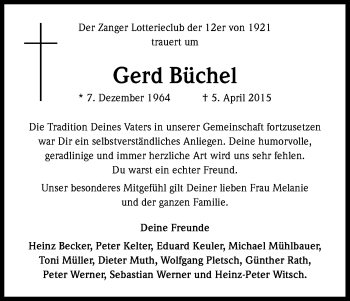 Anzeige von Gerd Büchel von Kölner Stadt-Anzeiger / Kölnische Rundschau / Express