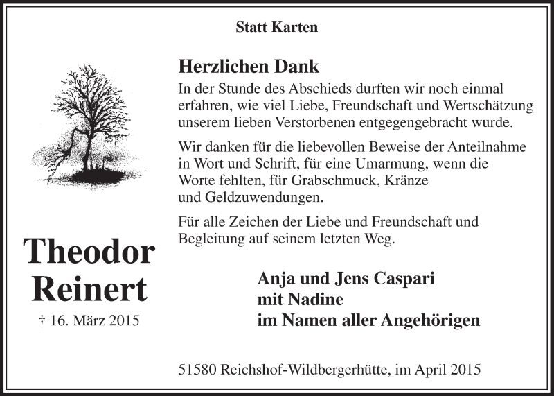  Traueranzeige für Theodor Reinert vom 22.04.2015 aus  Lokalanzeiger 