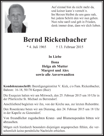Anzeige von Bernd Rickenbacher von  Sonntags-Post 
