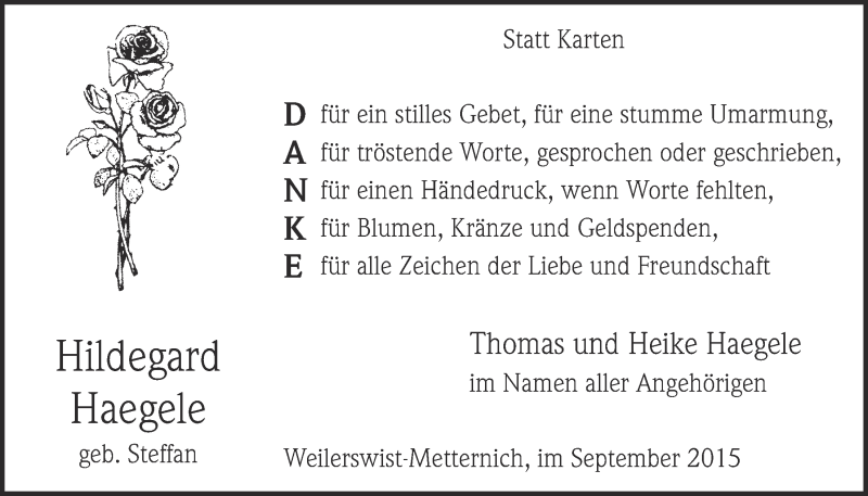  Traueranzeige für Hildegard Haegele vom 20.09.2015 aus  Blickpunkt Euskirchen 