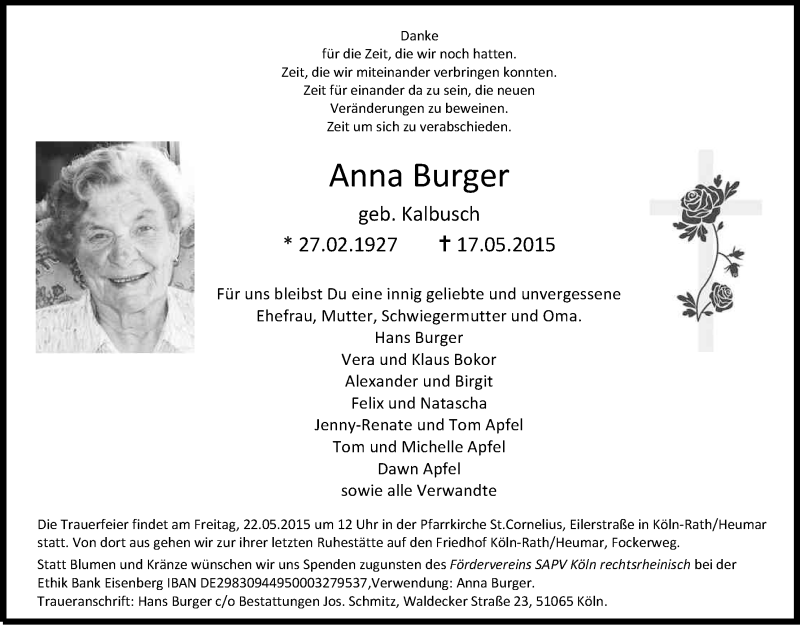  Traueranzeige für Anna Burger vom 20.05.2015 aus Kölner Stadt-Anzeiger / Kölnische Rundschau / Express