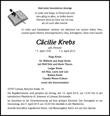 Anzeige von Cäcilie Krebs von Kölner Stadt-Anzeiger / Kölnische Rundschau / Express