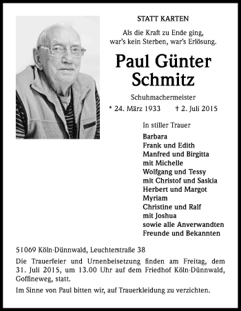 Anzeige von Paul Günter Schmitz von Kölner Stadt-Anzeiger / Kölnische Rundschau / Express