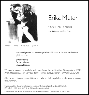 Anzeige von Erika Meter von Kölner Stadt-Anzeiger / Kölnische Rundschau / Express