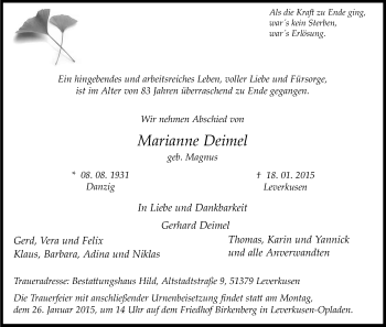 Anzeige von Marianne Deimel von Kölner Stadt-Anzeiger / Kölnische Rundschau / Express