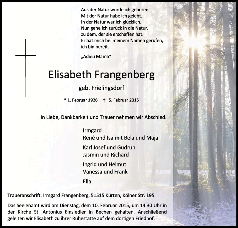  Traueranzeige für Elisabeth Frangenberg vom 07.02.2015 aus Kölner Stadt-Anzeiger / Kölnische Rundschau / Express