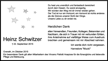 Anzeige von Heinz Schwitzer von Kölner Stadt-Anzeiger / Kölnische Rundschau / Express