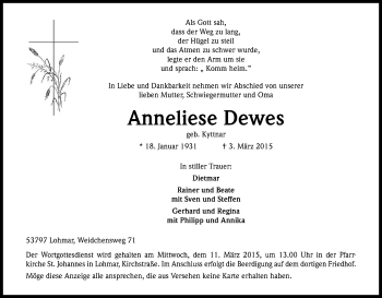 Anzeige von Anneliese Dewes von Kölner Stadt-Anzeiger / Kölnische Rundschau / Express