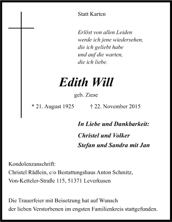 Anzeige von Edith Will von Kölner Stadt-Anzeiger / Kölnische Rundschau / Express