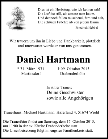 Anzeige von Daniel Hartmann von Kölner Stadt-Anzeiger / Kölnische Rundschau / Express