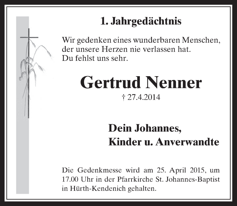  Traueranzeige für Gertrud Nenner vom 22.04.2015 aus  Wochenende 