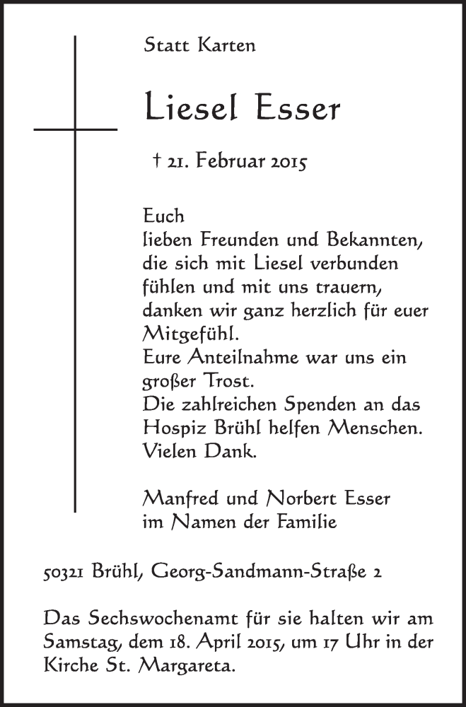  Traueranzeige für Liesel Esser vom 08.04.2015 aus  Schlossbote/Werbekurier 