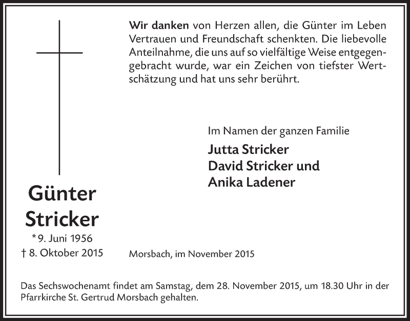  Traueranzeige für Günter Stricker vom 18.11.2015 aus  Lokalanzeiger 