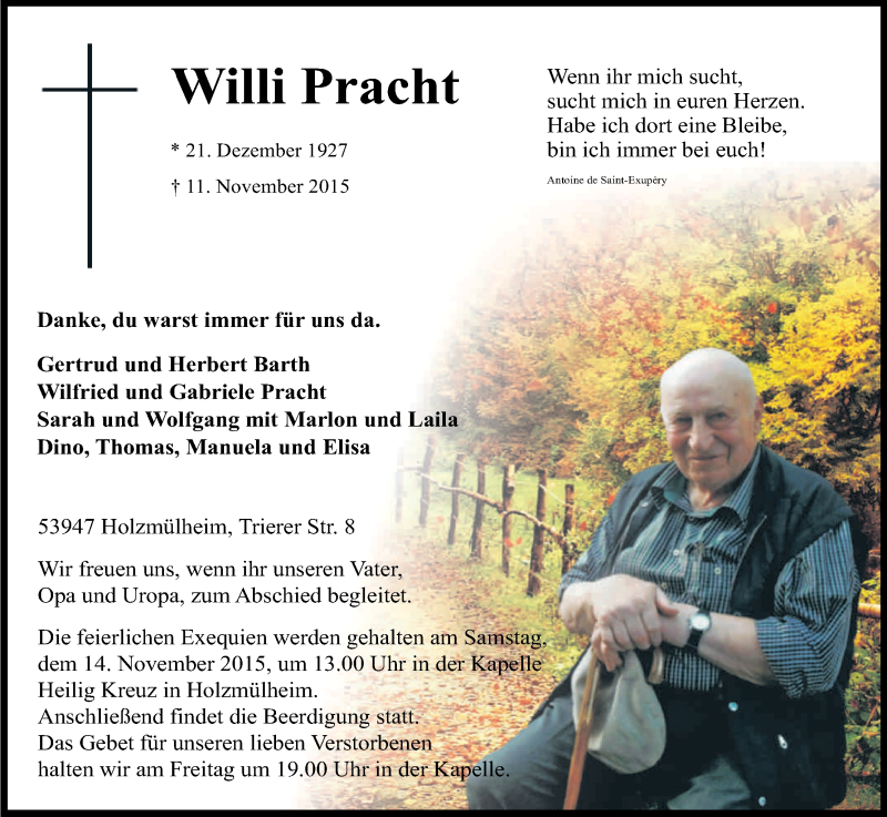  Traueranzeige für Willi Pracht vom 12.11.2015 aus Kölner Stadt-Anzeiger / Kölnische Rundschau / Express