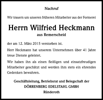 Anzeige von Wilfried Heckmann von Kölner Stadt-Anzeiger / Kölnische Rundschau / Express