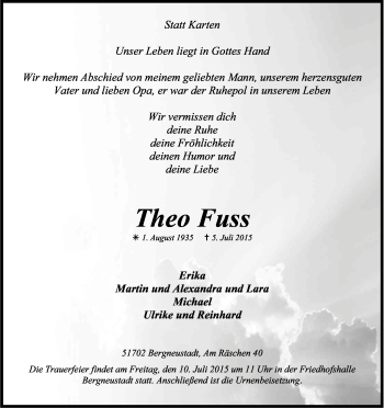Anzeige von Theo Fuss von Kölner Stadt-Anzeiger / Kölnische Rundschau / Express