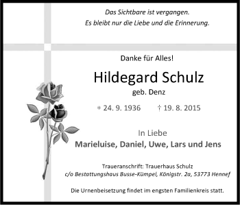 Anzeige von Hildegard Schulz von Kölner Stadt-Anzeiger / Kölnische Rundschau / Express