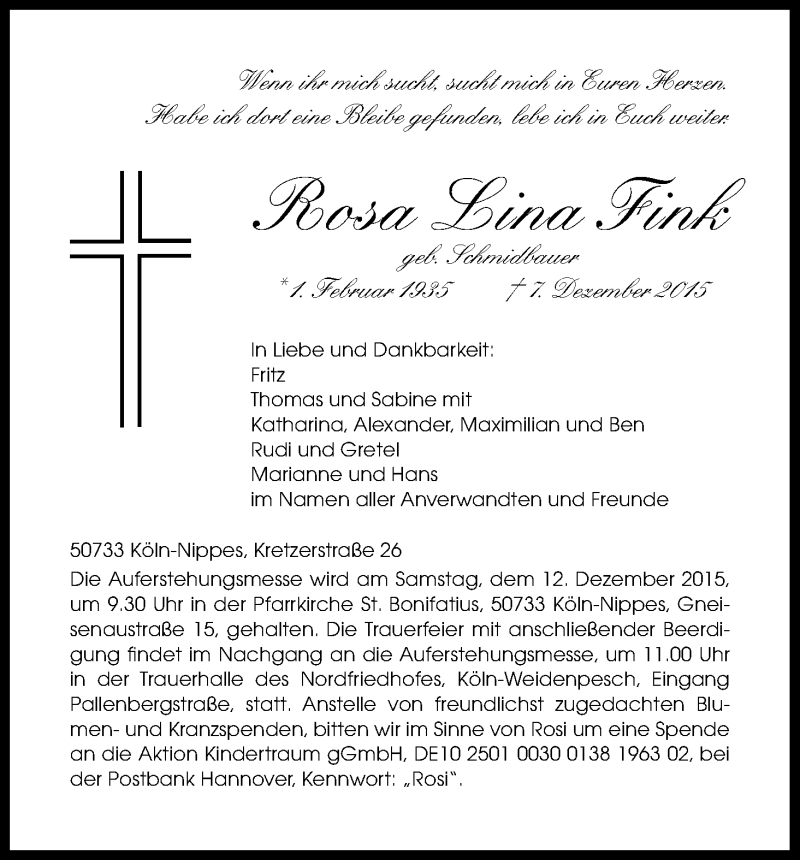  Traueranzeige für Rosa Lina Fink vom 10.12.2015 aus Kölner Stadt-Anzeiger / Kölnische Rundschau / Express