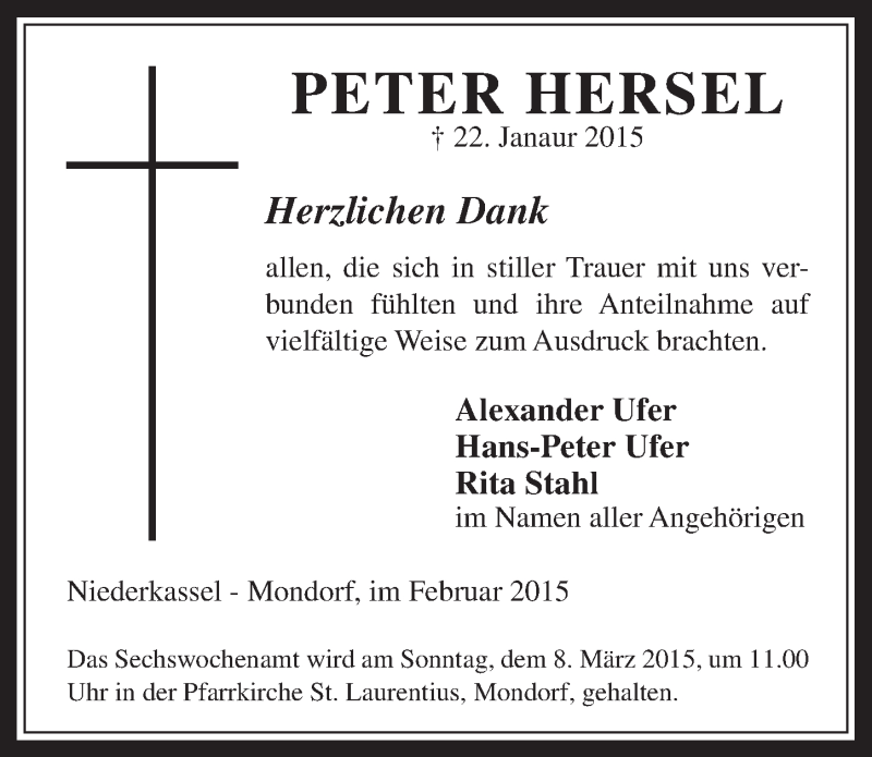  Traueranzeige für Peter Hersel vom 04.03.2015 aus  Extra Blatt 