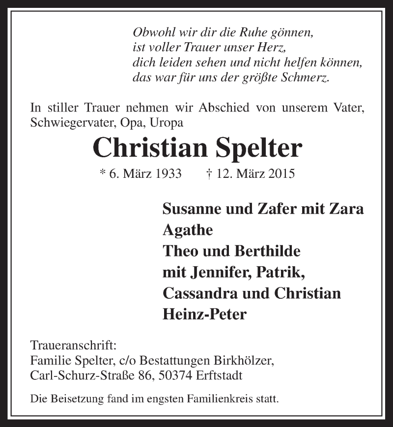  Traueranzeige für Christian Spelter vom 01.04.2015 aus  Werbepost 