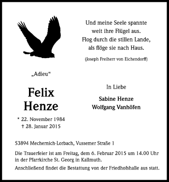 Anzeige von Felix Henze von Kölner Stadt-Anzeiger / Kölnische Rundschau / Express