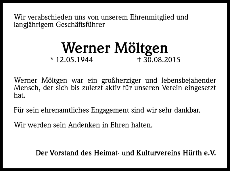  Traueranzeige für Werner Möltgen vom 05.09.2015 aus Kölner Stadt-Anzeiger / Kölnische Rundschau / Express