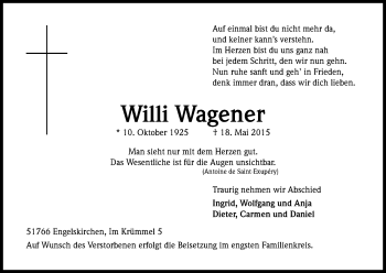 Anzeige von Willi Wagener von Kölner Stadt-Anzeiger / Kölnische Rundschau / Express
