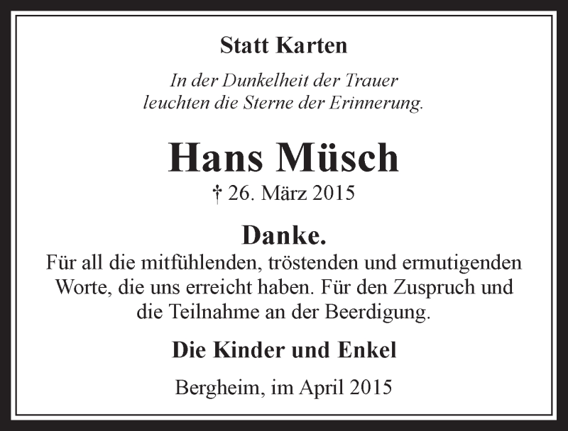  Traueranzeige für Hans Müsch vom 15.04.2015 aus  Werbepost 