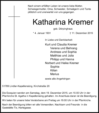 Anzeige von Katharina Kremer von Kölner Stadt-Anzeiger / Kölnische Rundschau / Express