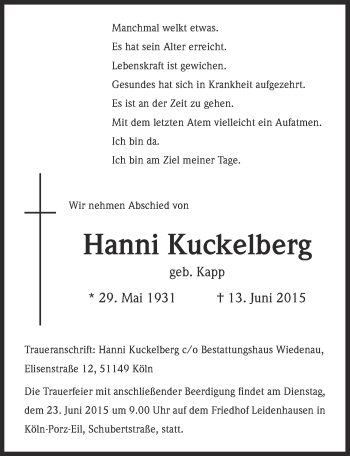 Anzeige von Hanni Kuckelberg von  Kölner Wochenspiegel 