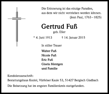 Anzeige von Gertrud Fuß von Kölner Stadt-Anzeiger / Kölnische Rundschau / Express