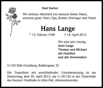 Anzeige von Hans Lange von Kölner Stadt-Anzeiger / Kölnische Rundschau / Express