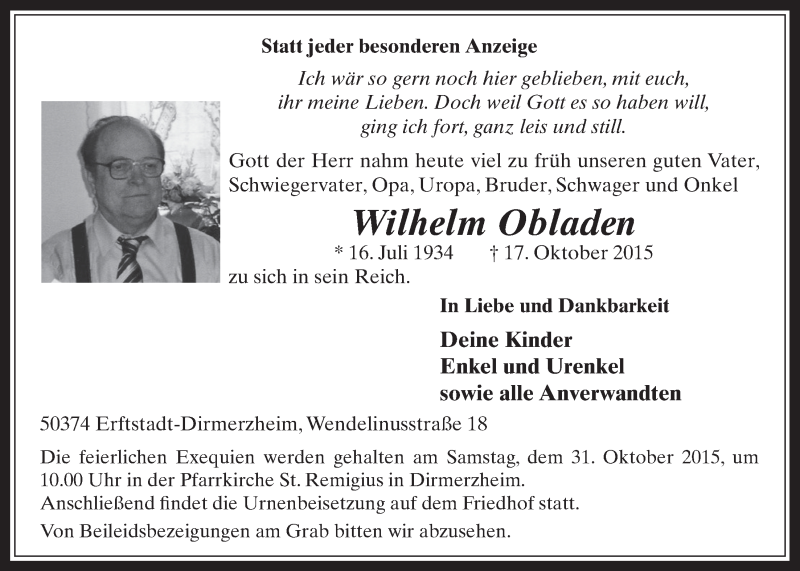  Traueranzeige für Wilhelm Obladen vom 28.10.2015 aus  Werbepost 
