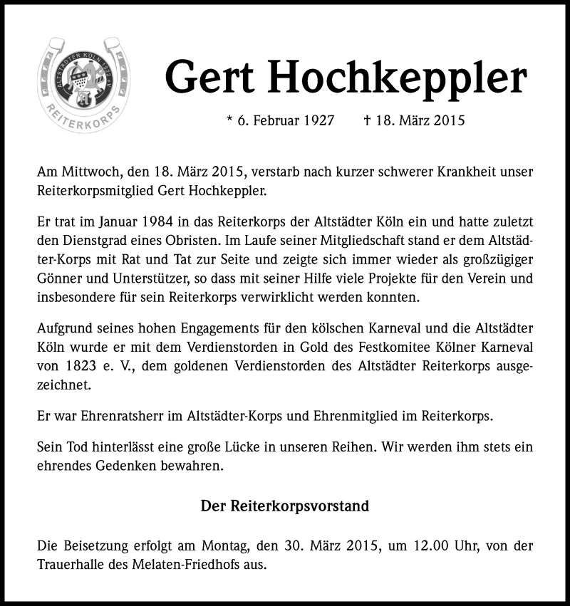  Traueranzeige für Gert Hochkeppler vom 28.03.2015 aus Kölner Stadt-Anzeiger / Kölnische Rundschau / Express
