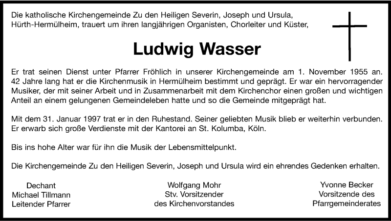  Traueranzeige für Ludwig Wasser vom 07.11.2015 aus Kölner Stadt-Anzeiger / Kölnische Rundschau / Express