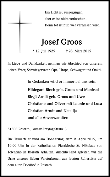 Anzeige von Josef Groos von Kölner Stadt-Anzeiger / Kölnische Rundschau / Express
