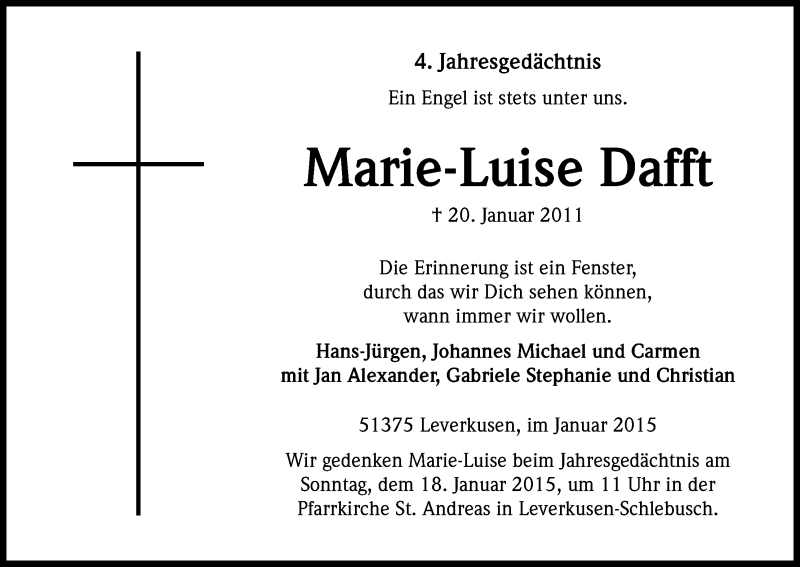  Traueranzeige für Marie-Luise Dafft vom 17.01.2015 aus Kölner Stadt-Anzeiger / Kölnische Rundschau / Express