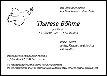 Anzeige von Therese Böhme von Kölner Stadt-Anzeiger / Kölnische Rundschau / Express