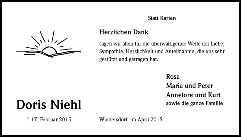  Traueranzeige für Doris Niehl vom 11.04.2015 aus Kölner Stadt-Anzeiger / Kölnische Rundschau / Express