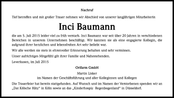 Anzeige von Inci Baumann von Kölner Stadt-Anzeiger / Kölnische Rundschau / Express