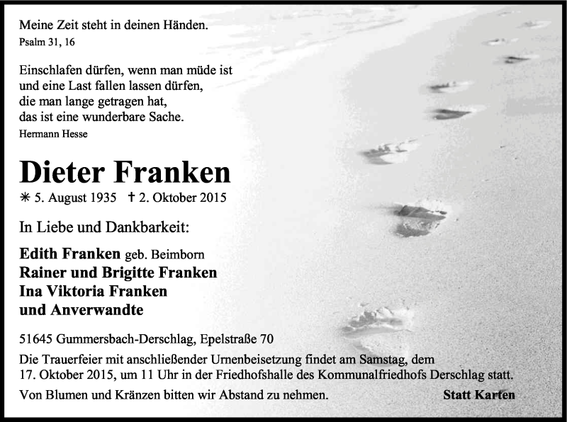  Traueranzeige für Dieter Franken vom 14.10.2015 aus Kölner Stadt-Anzeiger / Kölnische Rundschau / Express