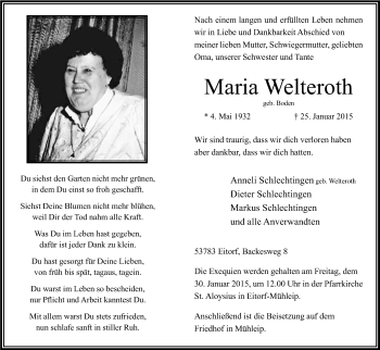 Anzeige von Maria Welteroth von Kölner Stadt-Anzeiger / Kölnische Rundschau / Express
