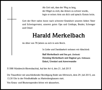 Anzeige von Harald Merkelbach von Kölner Stadt-Anzeiger / Kölnische Rundschau / Express