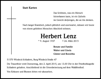 Anzeige von Herbert Lenz von Kölner Stadt-Anzeiger / Kölnische Rundschau / Express