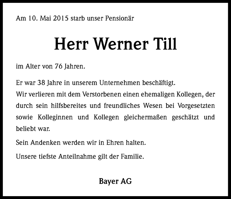  Traueranzeige für Werner Till vom 20.05.2015 aus Kölner Stadt-Anzeiger / Kölnische Rundschau / Express